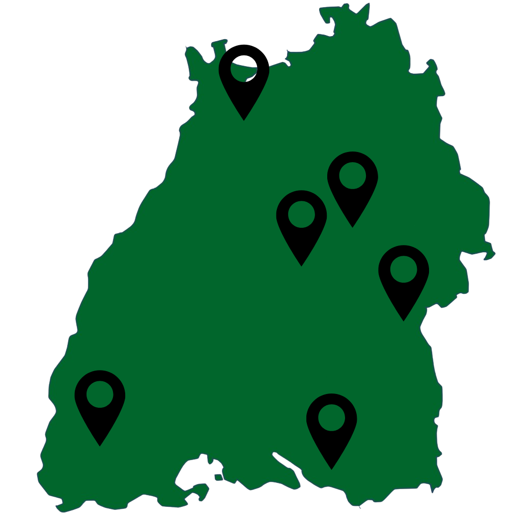 Karte von Baden-Württemberg mit unseren Standorten